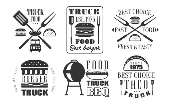 Food Truck Retro Logo Templates Set, Fresh and Tasty Fast Food Vintage Labels Vector Illustration