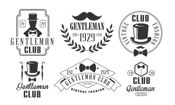 Gentleman Club Vintage Logo Templates Set, Retro Fashion Club Emblems Vector Illustration