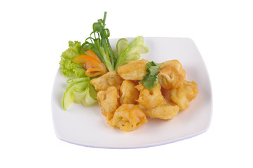 Deep Fried Calamari Rings on white background.