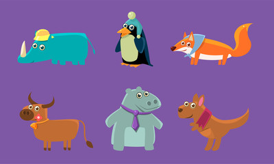 Cute Animals Set, Rhino, Penguin, Fox, Deer, Hippo, Kangaroo Vector Illustration
