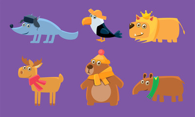 Cute Animals Set, Deer, Toucan, Wolf, Lion, Deer, Capybara, Bear Vector Illustration