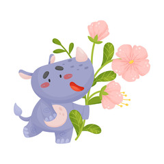 Cute rhino with flowers. Vector illustration on white background.
