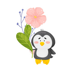 Cute penguin with flowers. Vector illustration on white background.