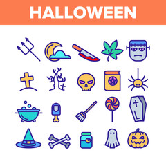 Fototapeta na wymiar Color Different Halloween Icons Set Vector Thin Line. Pumpkin And Skull, Hat And Broomstick, Zombie And Ghost Halloween Element Assortment Decoration Linear Pictograms. Contour Illustrations