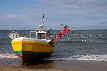 Wooden fishing boat on the beach of Baltic Sea in Sopot/Poland. Red flag poles for marking networks.. And a lot of seagulls in the water.