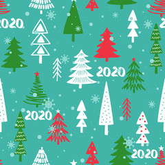 Seamless pattern with fir trees, snow. Colorful background vector. Design illustration. A lot of fir-trees. Decorative wallpaper, good for printing. Happy New Year. Winter time