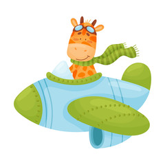 Cute giraffe pilot. Vector illustration on white background.