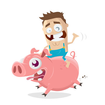 cartoon illustration of a crazy farmer riding on a pig