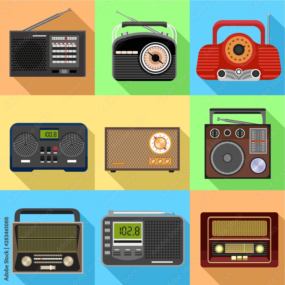 Poster old radio icon set. flat set of 9 old radio vector icons for web design isolated on white background