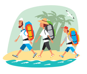 Hiking. Dad, mom, son walk with backpacks on the coast. Vector full color graphics
