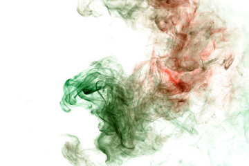 Column clouds of smoke and patterns texture of different forms of red and green colors with tongues of flame on a white isolated background. Print for t-shirt. Toxic ink.