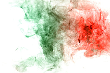 Fototapeta premium Abstract distortion of the process of mixing two substances of green and red in the form of a wavy pattern of smoke or ink. Print for clothes. Disease and viruses.