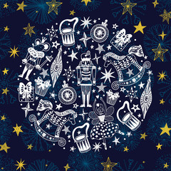 Obraz premium Nutcracker. Gold Christmas vector card. Around motif.