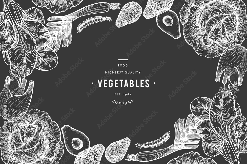 Wall mural green vegetables design template. hand drawn vector food illustration on chalk board. engraved style