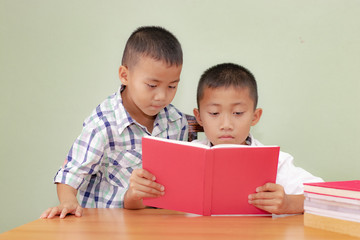 Fototapeta na wymiar Two boys, reading a book, educating themselves