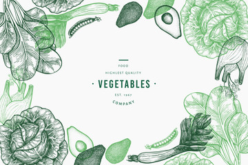 Green vegetables design template. Hand drawn vector food illustration. Engraved style vegetable frame. Retro botanical banner.