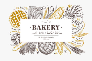 Bread and pastry banner. Vector bakery hand drawn illustration. Vintage design template.