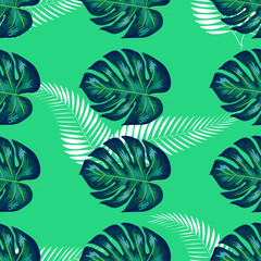 Green pattern with monstera palm leaves on dark background. Seamless summer tropical fabric design.