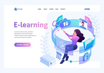 Isometric concept young girl in the process of learning through the Internet, watching educational videos, reading books. Template landing page for website