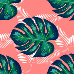 Nature seamless pattern. Hand drawn abstract tropical summer background: palm, monstera leaves in silhouette, line art, grunge, scribble textures.