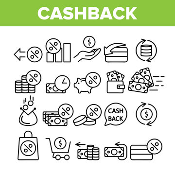 Collection Cashback Service Sign Icons Set Vector Thin Line. Interest Repayment And Accumulation Account, Money Coins And Percent Cashback Elements Linear Pictograms. Monochrome Contour Illustrations