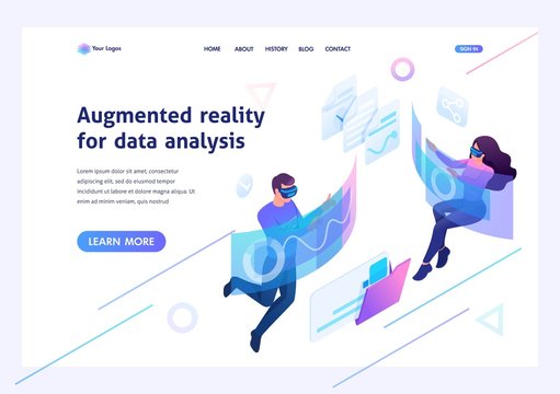 Isometric concept Young people use augmented reality and virtual glasses for data analysis.Template landing page for website