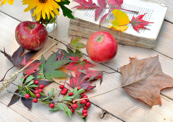 autumnal leaf, red apple and old book on a wooden table
