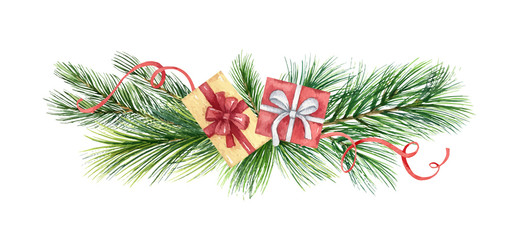 Watercolor vector Christmas wreath with green fir branches and gift.