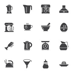 Kitchen utensils vector icons set, modern solid symbol collection, filled style pictogram pack. Signs, logo illustration. Set includes icons as measuring cup, kettle, coffee machine, food processor