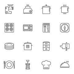 Kitchenware line icons set. linear style symbols collection, outline signs pack. vector graphics. Set includes icons as kitchen utensils, meat grinder, toaster, electric stove, microwave, recipe book