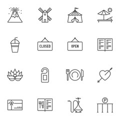 Miscellaneous icons set. linear style symbols collection, outline signs pack. vector graphics. Set includes icons as open and closed lettering, menu book, cutlery, gift card, hotel door hanger, hookah
