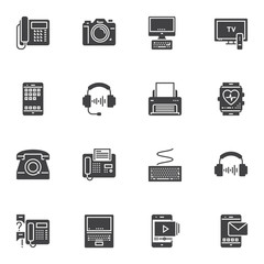 Electronic devices vector icons set, modern solid symbol collection, filled style pictogram pack. Signs, logo illustration. Set includes icons as telephone, camera, computer monitor, tv, mobile phone