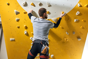 Back view of unrecognizable powerful boulderer standing in front of yellow artificial rock wall, checking holds, ready to start climbing training, enjoys extreme hobby and active lifestyle.