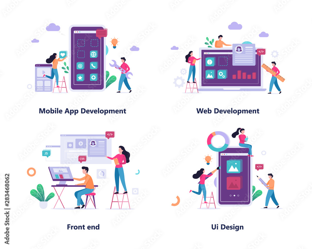 Poster mobile app and web development banner concept set