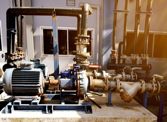 Double Water Centrifugal pump and motor line with pipe rack in construction site industrial, demineralized water.chiller water pump system.