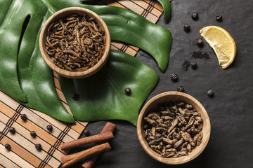 Asian dish on monstera leaf top view