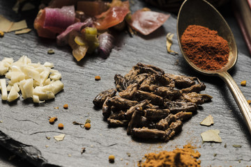 Edible asian bugs and spices close up