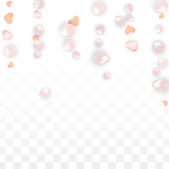 Vector Realistic Petals and Hearts Confetti. Flying Sakura and Hearts on Transparent Background. Wedding Invitation Background. Spring Romance Poster. Vector Illustration for Anniversary Design.