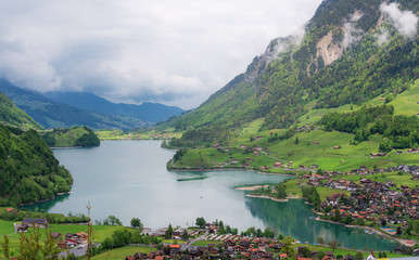 Summer landscape with lake and Swiss alps in Switzerland
