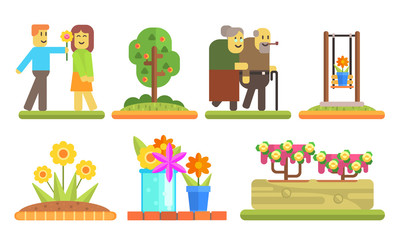 Park and Garden Elements Set, Young Man Giving Flower to Girl, Senior Couple Walking Together, Flowerbeds and Pots with Blooming Flowers Vector Illustration