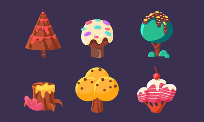 Cute Sweet Candy Trees and Plants Set, Colorful Fantasy Elements for Mobile or Video Game User Interface Assets Vector Illustration