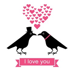 Two funny crows, a gentleman seduces a lady, cartoon Valentine. Cute raven illustration