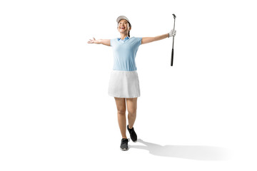 Asian woman holding the putter golf club with a happy expression