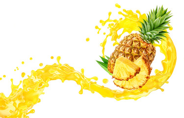 Fresh ripe pineapple, slice and pineapple juice 3D splash wave. Healthy food or tropical fruit drink liquid ad label design. Tasty pineapple juice or smoothie splash isolated, vitamin cocktail concept