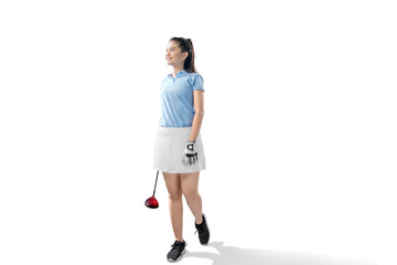 Asian woman standing with a wood golf club