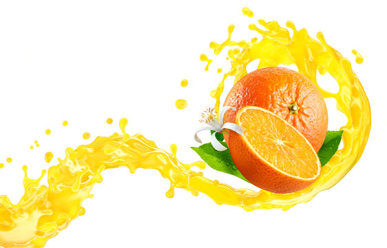 Fresh ripe orange fruit, orange cut, juice, smoothie 3D splash twisted. Tasty vitamin citrus juice splashing, orange juice, smoothie isolated. Healthy orange drink tropical fruit label design element