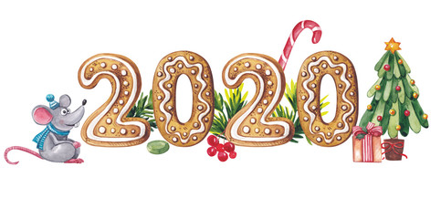 Fototapeta premium Watercolor illustration with the date 2020 and the symbol of the year on a white background. The rat sits by the gingerbread, elegant Christmas tree and gifts.