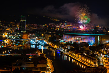 Bilbao at night with the fireworks during the festival of Aste Nagusia, Basque Country, Spain