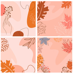 Set of abstract square background with autumn elements, shapes and plants in one line style. Background for mobile app page minimalistic style. Vector illustration