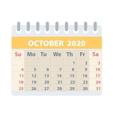 Callendar For October 2020 In Flat Style For Design On White, Stock Vector Illustration